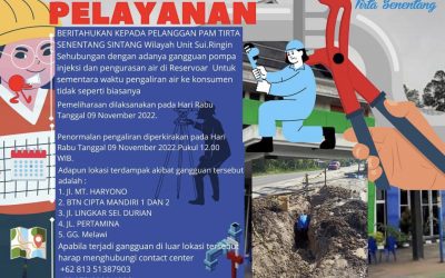 Sehubungan dengan adanya gangguan pompa injeksi dan pengurasan air di Reservoar di Unit Sui Ringin  Untuk sementara waktu pengaliran air ke konsumen tidak seperti biasanya.