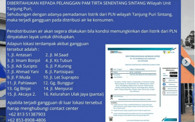 Diberitahukan Kepada Pelanggan PAM Tirta Senentang Sintang Wilayah Unit Tanjung Puri adanya pemadaman listrik dari PLN wilayah Tanjung Puri