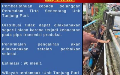 Pendistribusian Unit Tanjung Puri dihentikan dikarenakan kebocoran pipa transmisi, 15 Mai 2024